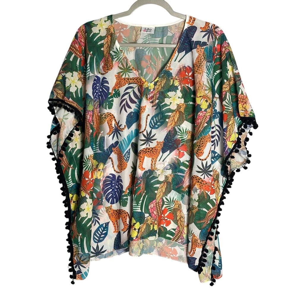 Lulla Collection‎ by Bindya Tropical Animal Print Kimono Coverup Pom Fringe NWOT